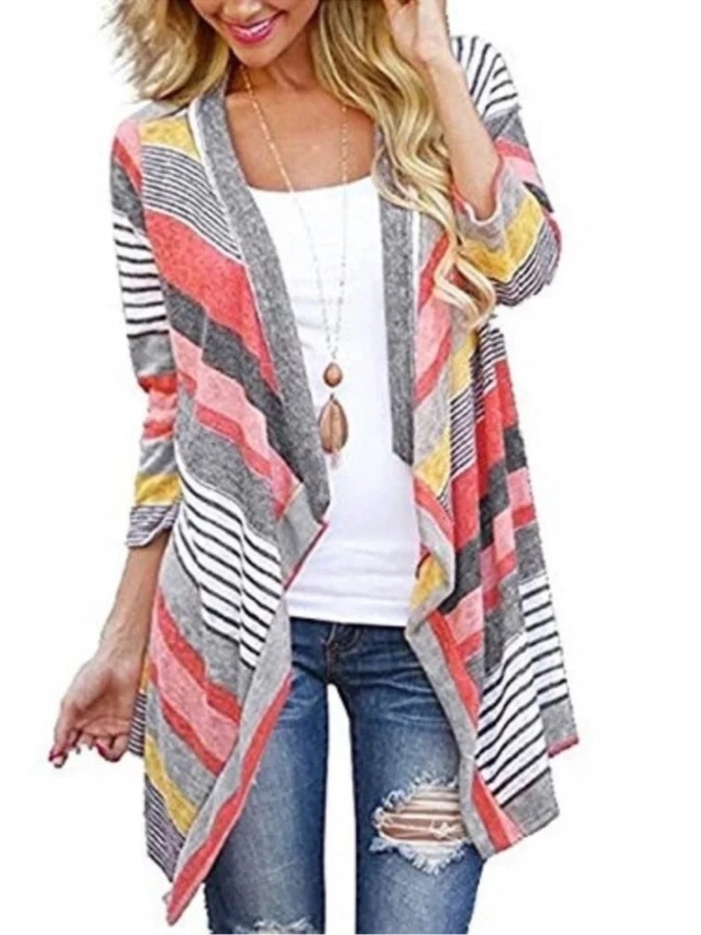 Myobe Cárdigan Sweater T Striped Open Front 3/4 Sleeve